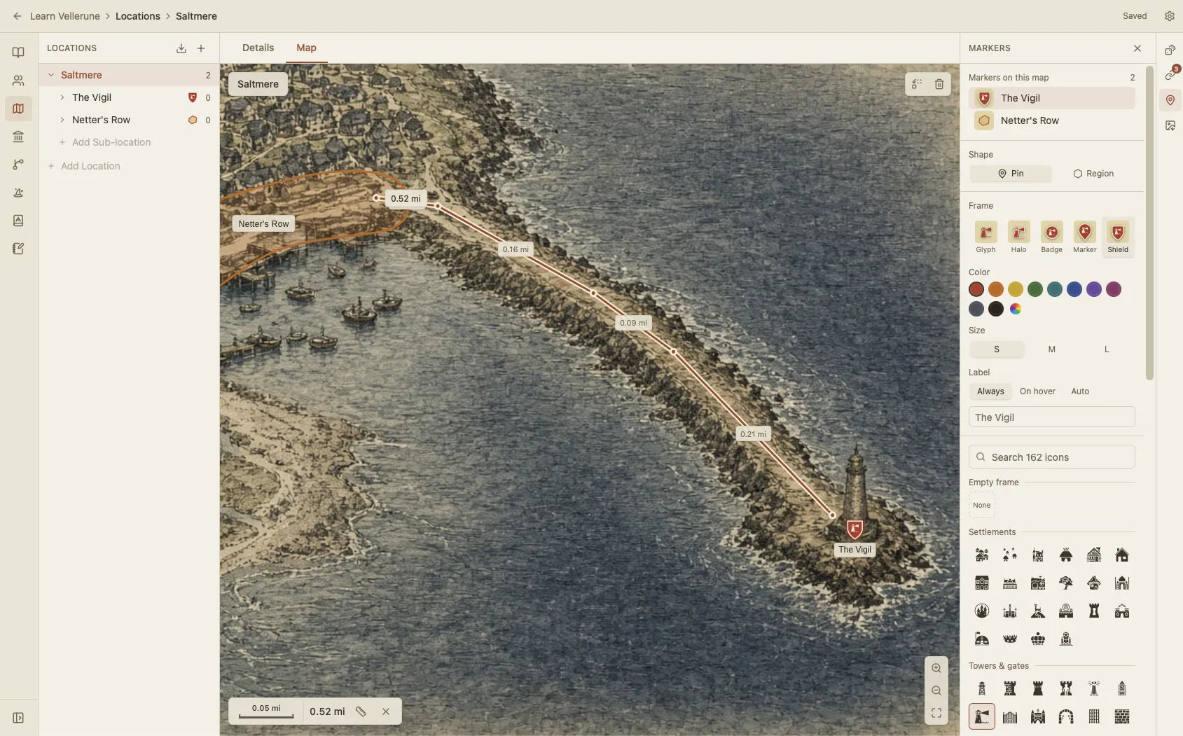 A location map with pinned places, a marked region, and a measured route